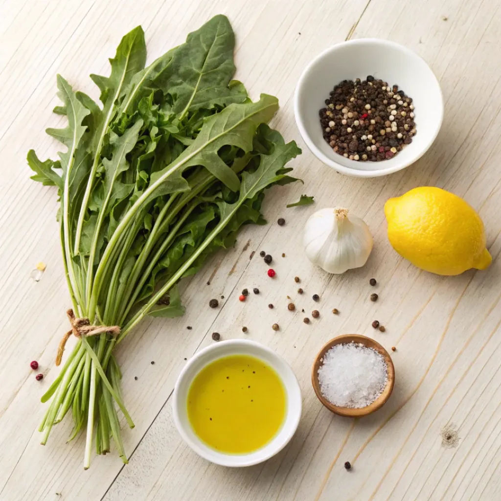 Dandelion Greens – Simple & Savory Sautéed Greens 6 Flat lay of dandelion greens with garlic, olive oil, lemon, and seasonings