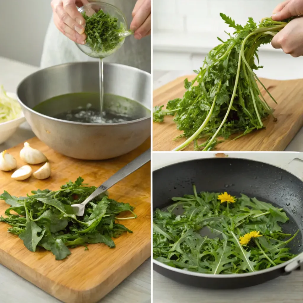 Dandelion Greens – Simple & Savory Sautéed Greens 7 Four-panel collage showing how to clean, chop, and sauté dandelion greens