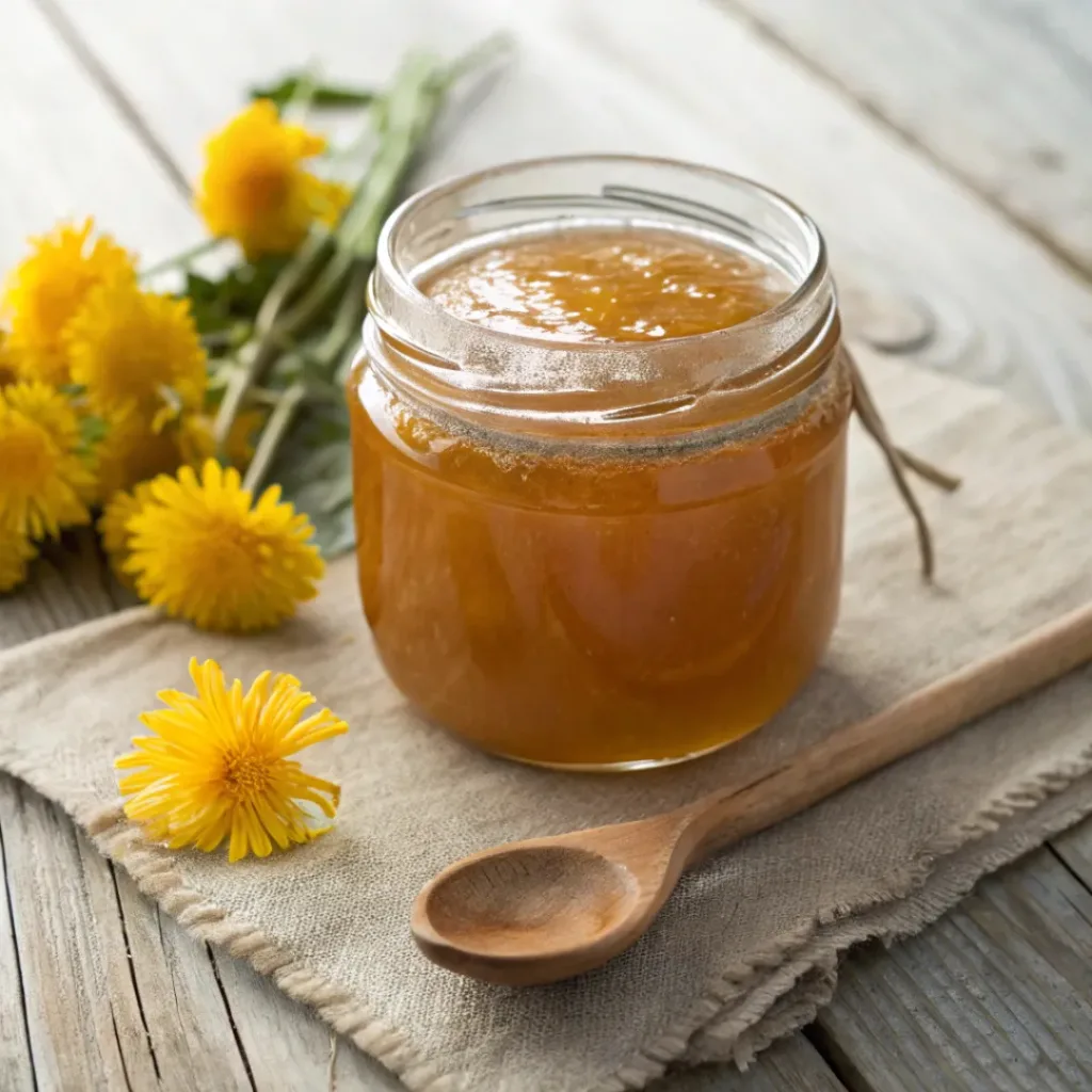 Jar of golden dandelion jelly with fresh dandelion flowers on a wooden surface