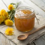 Jar of golden dandelion jelly with fresh dandelion flowers on a wooden surface