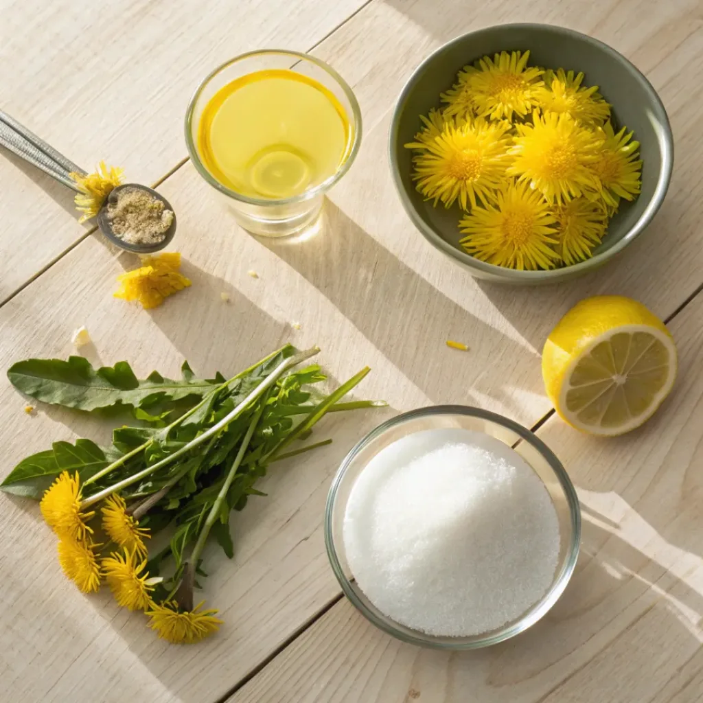Dandelion Jelly – Sweet & Floral Spread 6 Flat lay of dandelion jelly ingredients including petals, sugar, lemon juice, and pectin