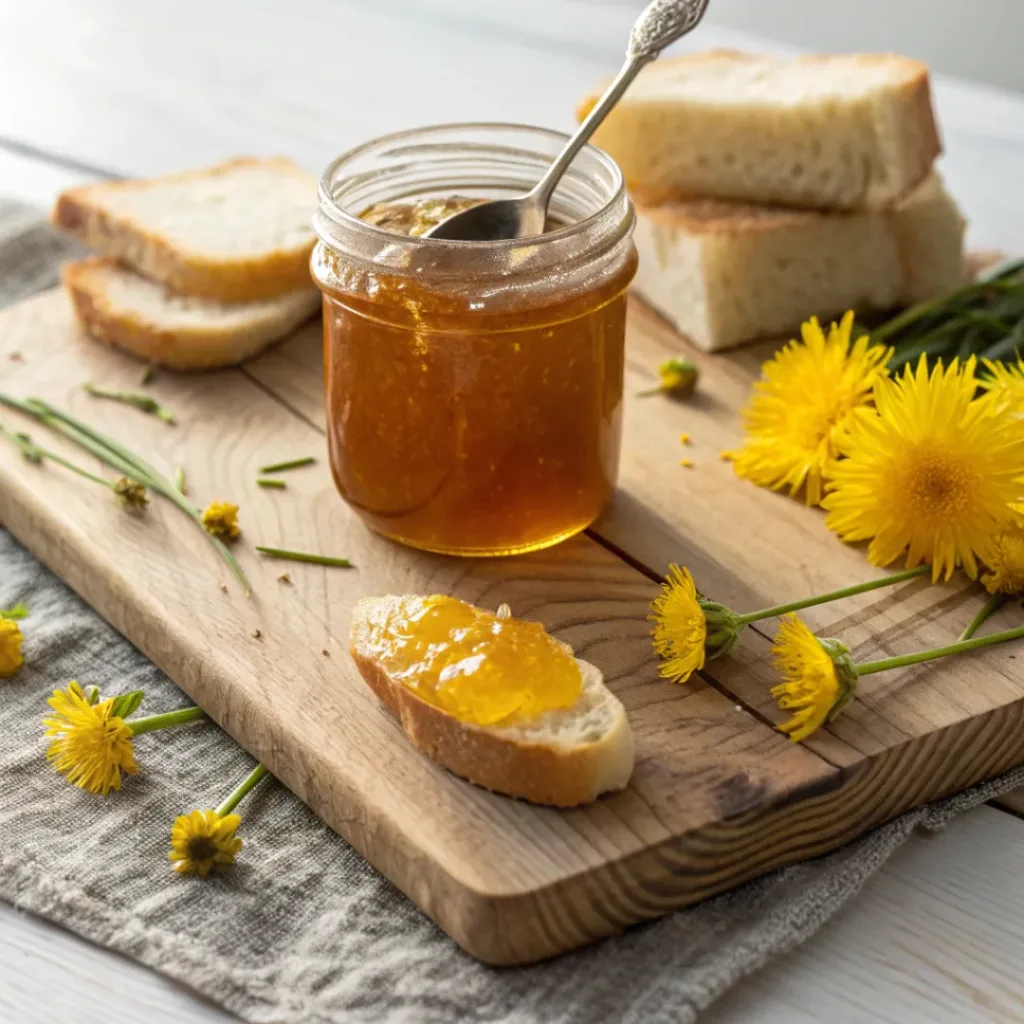 Dandelion Jelly – Sweet & Floral Spread 8 Jar of dandelion jelly with a spoon and fresh flowers, served with bread