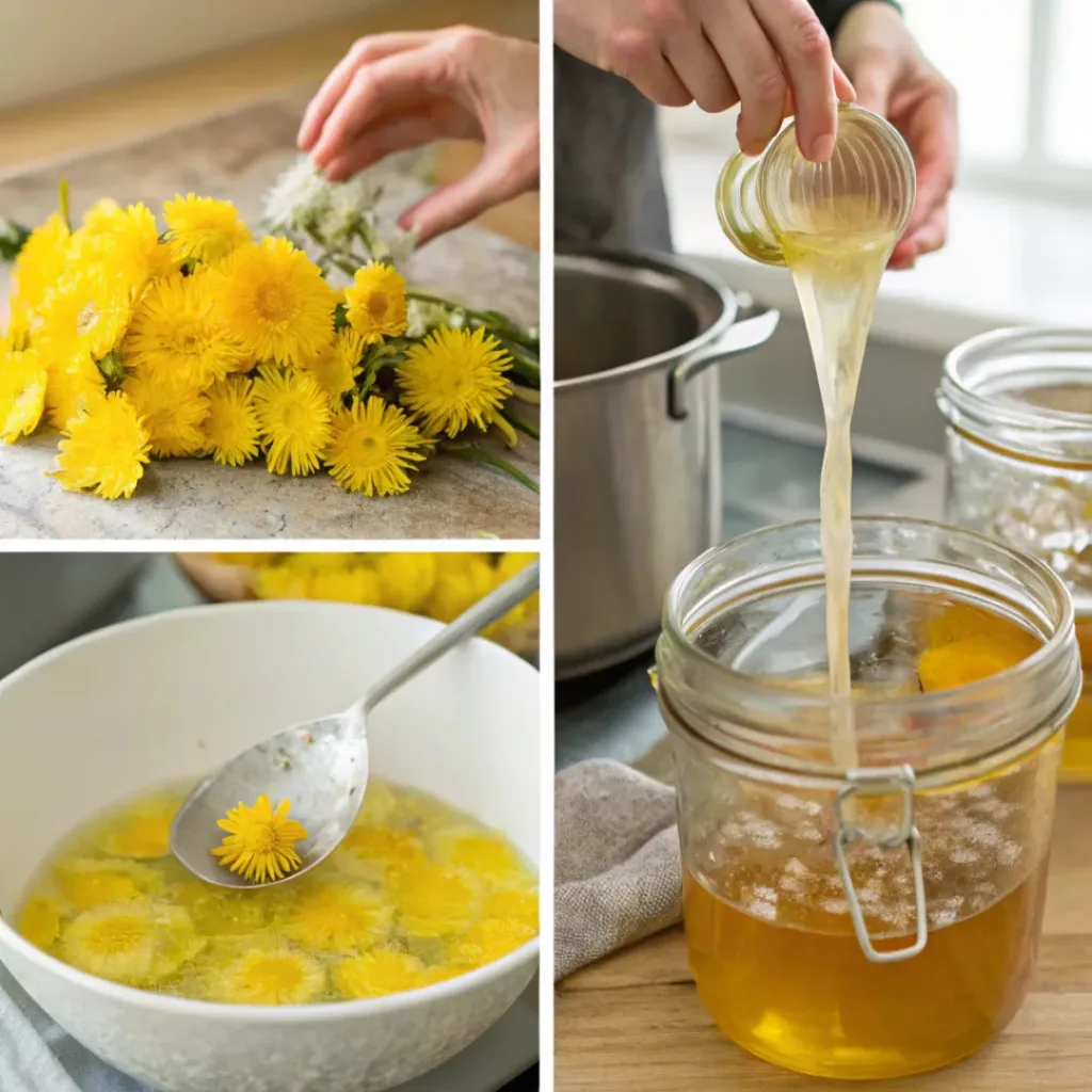 Dandelion Jelly – Sweet & Floral Spread 7 Four-panel collage showing steps to make dandelion jelly from petals to jarred jelly