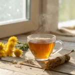 Glass cup of dandelion tea with dried dandelion flowers on a wooden table