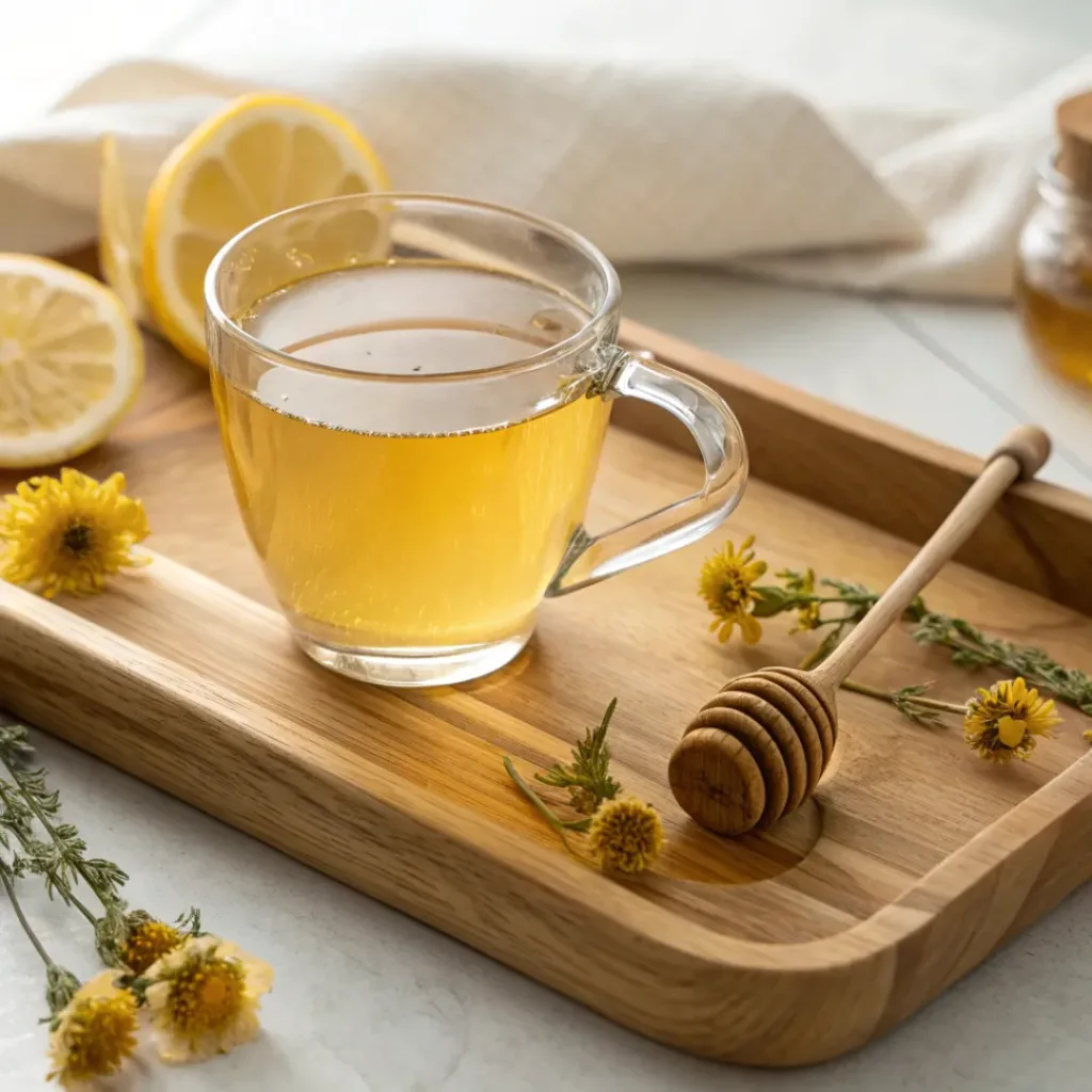 Dandelion Tea – How to Make Dandelion Tea at Home 8 Cup of dandelion tea served with lemon and honey on a wooden tray