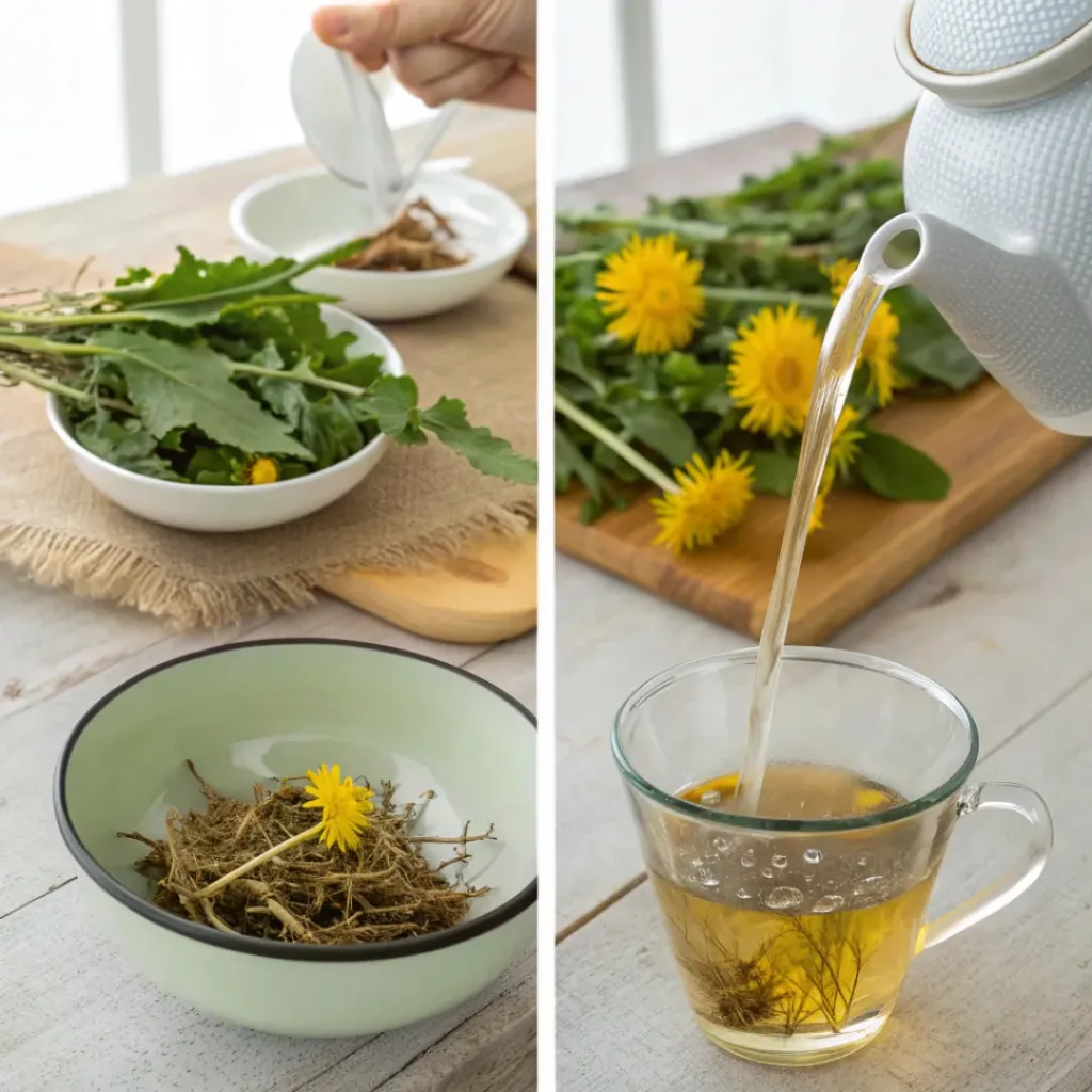 Dandelion Tea – How to Make Dandelion Tea at Home 7 Four-panel collage showing steps to make dandelion tea from herbs to finished cup