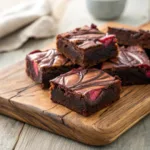 Fudgy dark chocolate brownies with swirls of red rhubarb