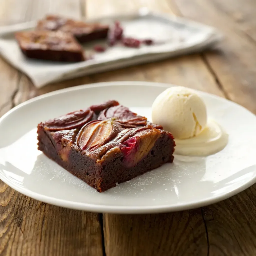 Fudgy dark chocolate rhubarb brownie served with vanilla ice cream