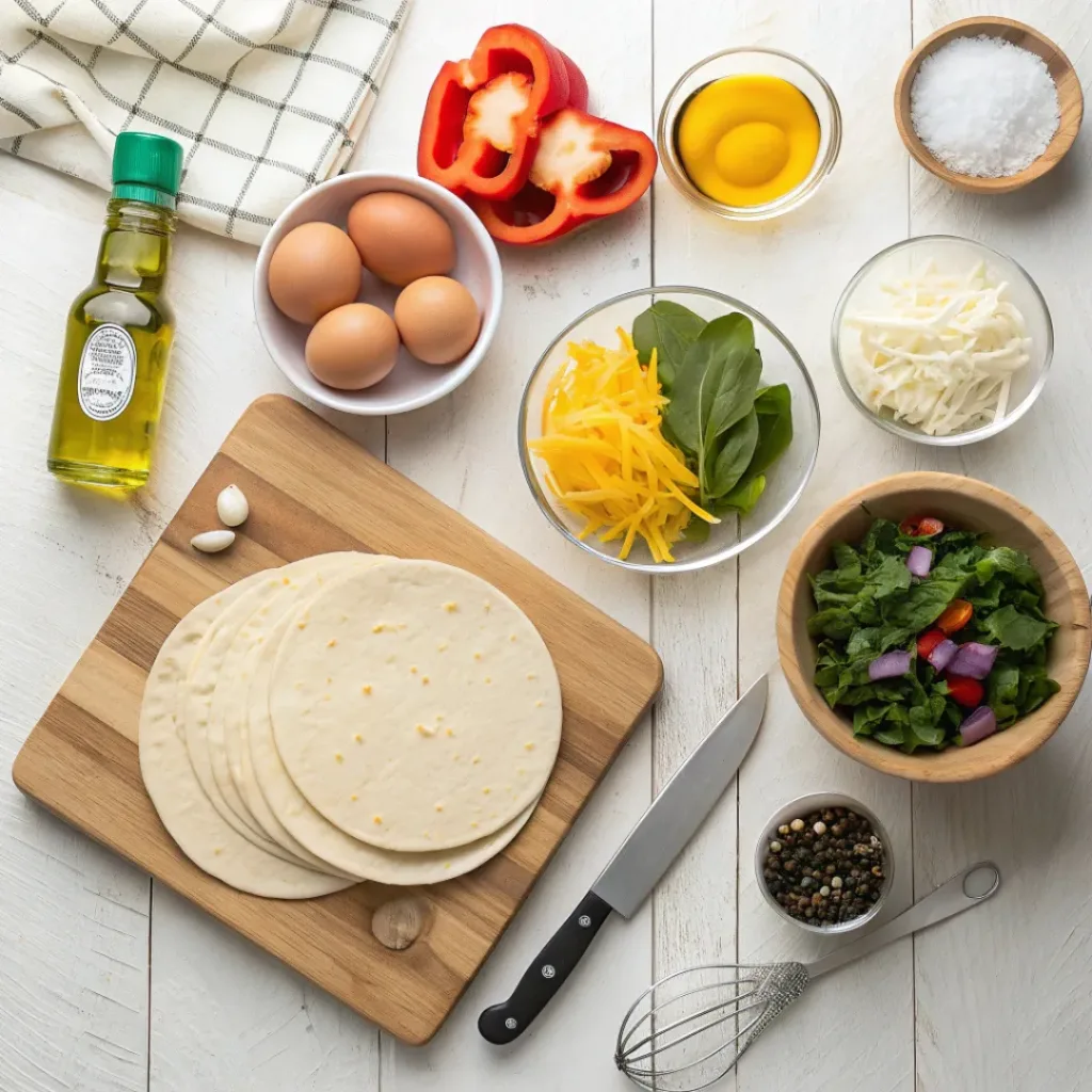 Flat lay of eggs, tortillas, cheese, vegetables, and seasonings for breakfast burritos