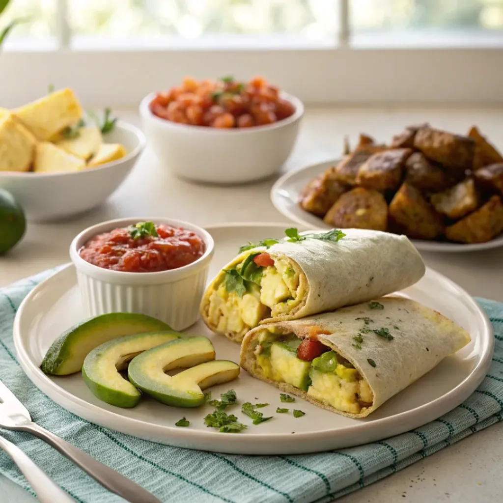 Egg breakfast burritos served with salsa and avocado on the side