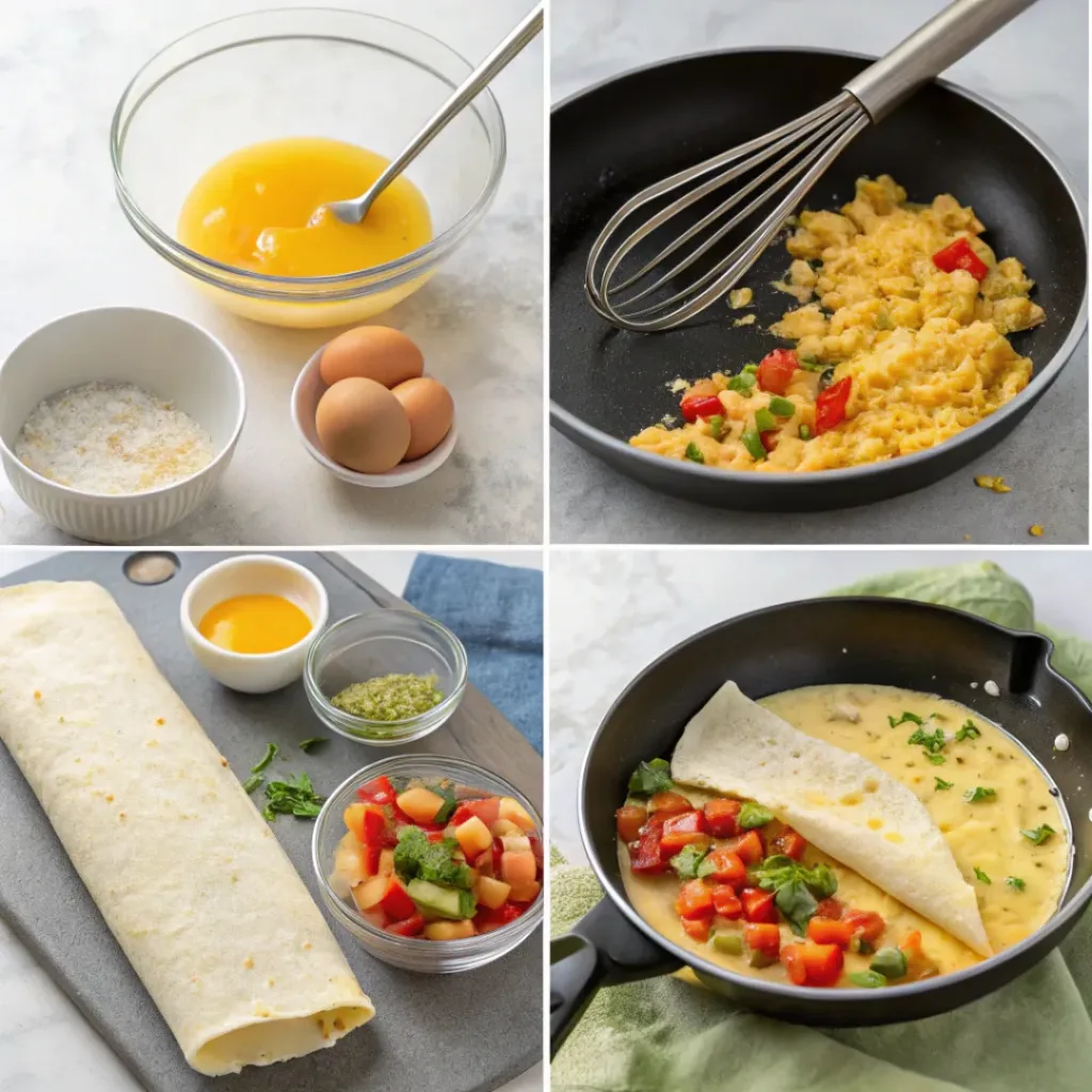 Four-panel collage showing whisking eggs, cooking, filling tortillas, and rolling burritos