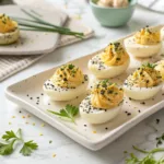 Deviled eggs topped with everything bagel seasoning and fresh chives