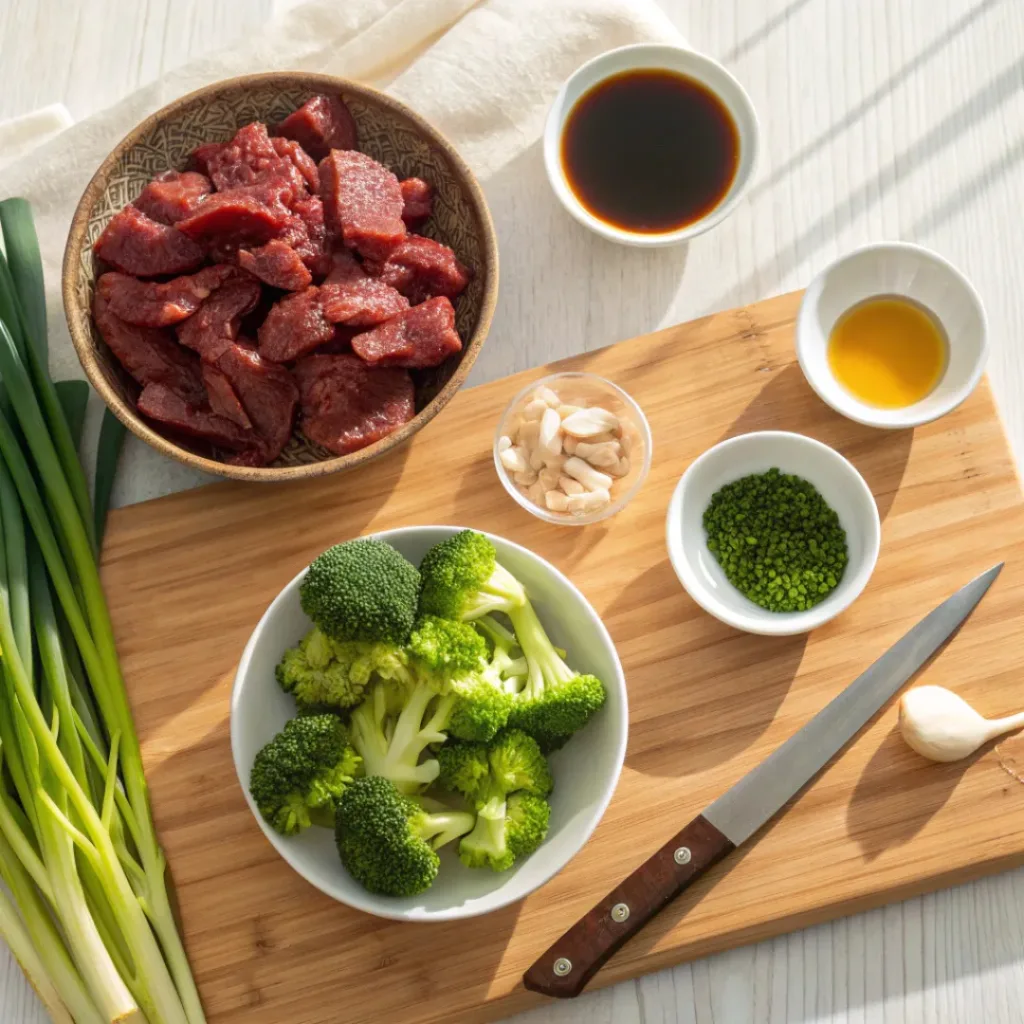 Flat lay of beef slices, broccoli, garlic, ginger, and sauce ingredients