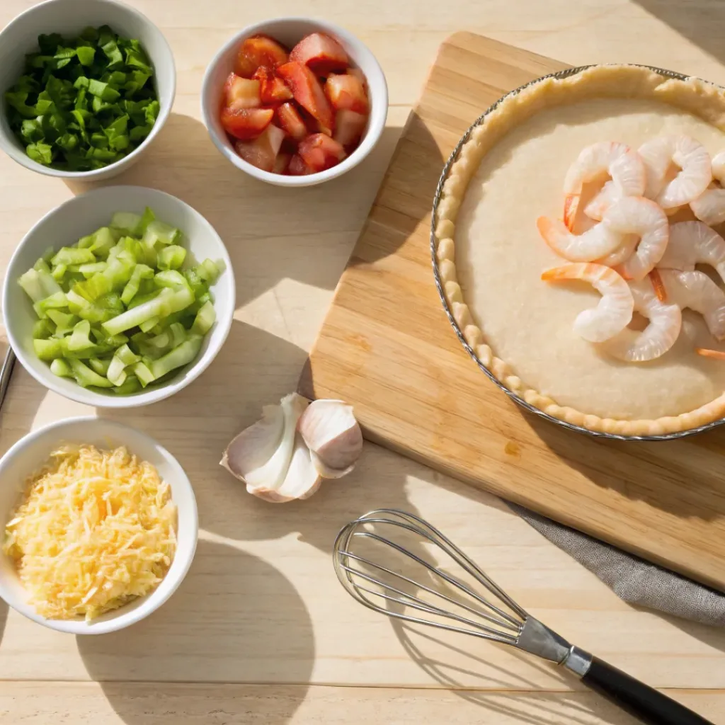 Flat lay of shrimp, pie crust, vegetables, cream, and seasonings for shrimp pie