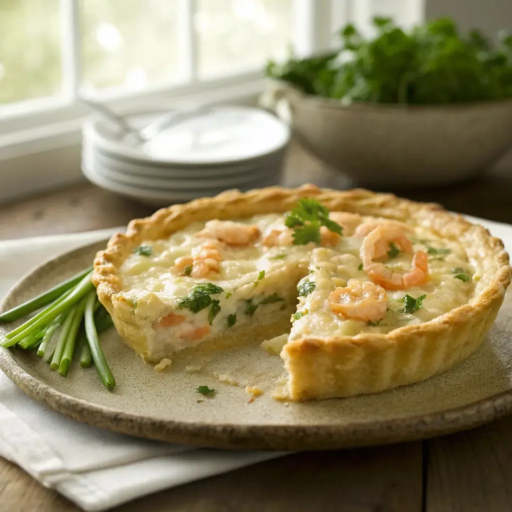 Florida shrimp pie with golden crust, garnished with parsley, served with salad