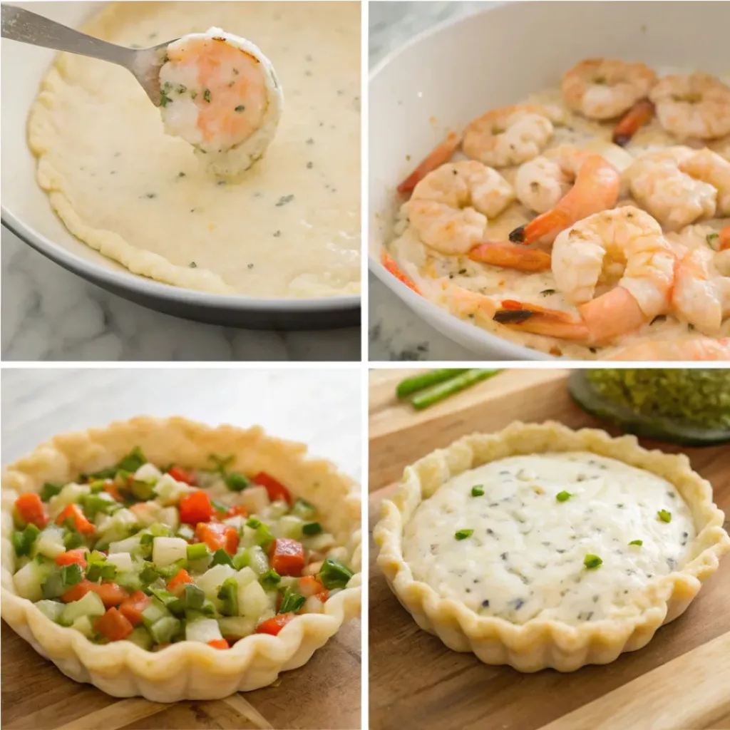 Four-panel collage showing sautéing shrimp, preparing filling, assembling pie, and baked pie