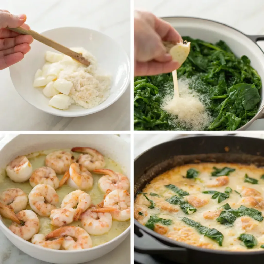Four-panel collage showing sautéing spinach, preparing shrimp, layering, and baked gratin