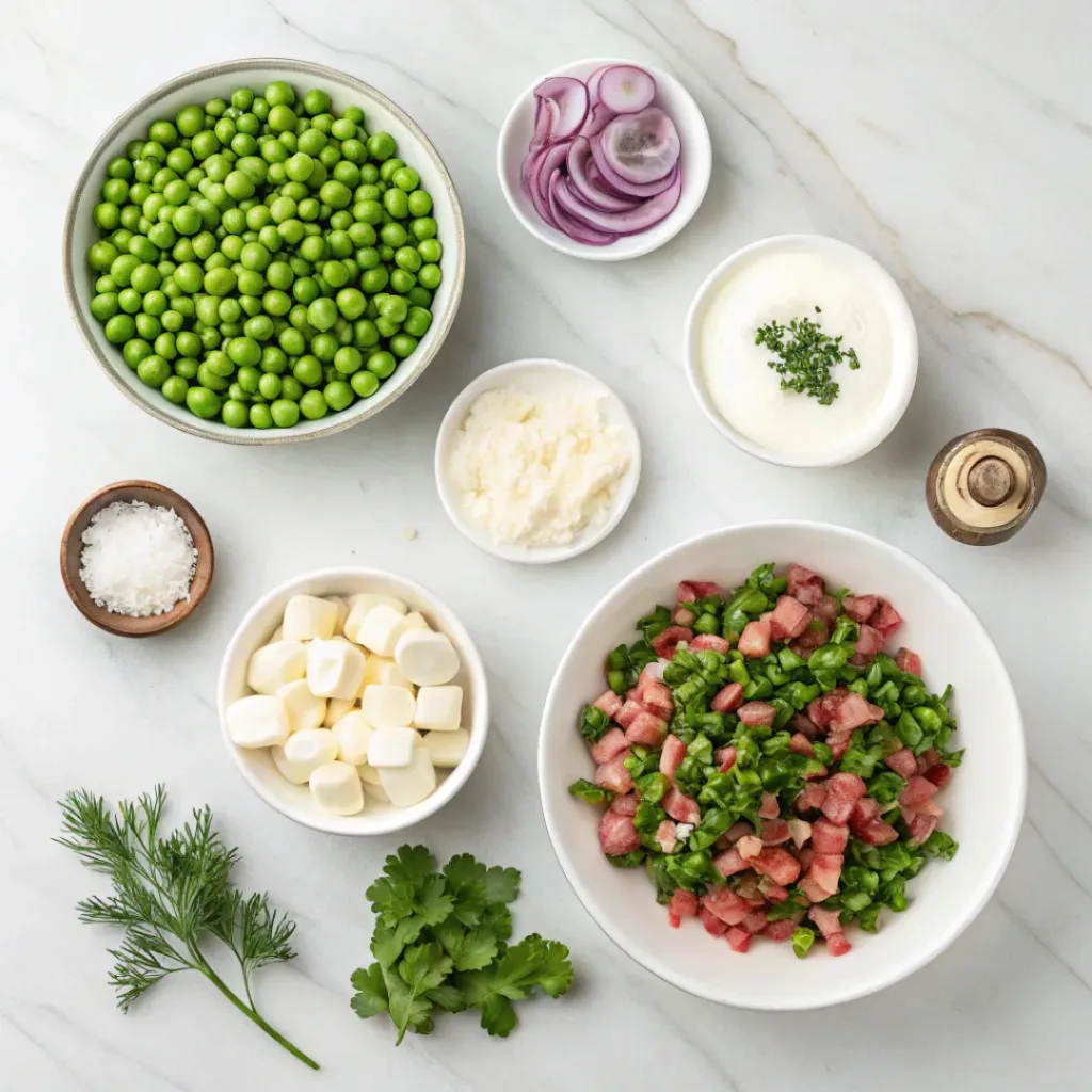 Flat lay of fresh pea salad ingredients including peas, cheese, red onion, and creamy dressing ingredients