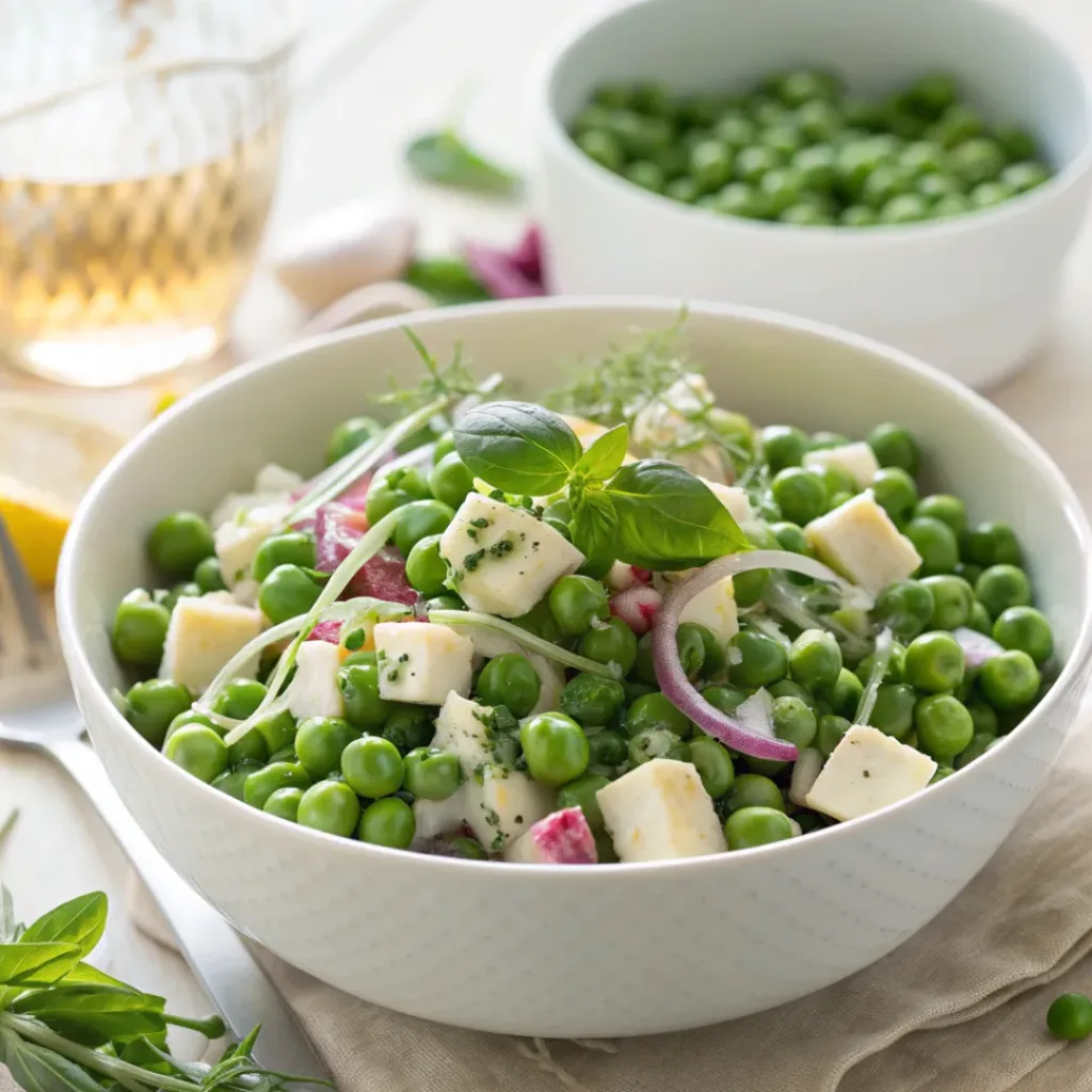 Fresh pea salad served as a creamy side dish with herbs and cheese