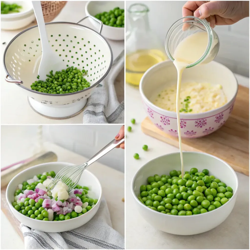 Four-panel collage showing steps to make fresh pea salad from mixing ingredients to tossing with dressing