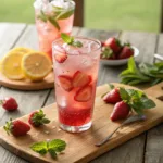 Glass of strawberry lemonade with ice, lemon slices, and mint