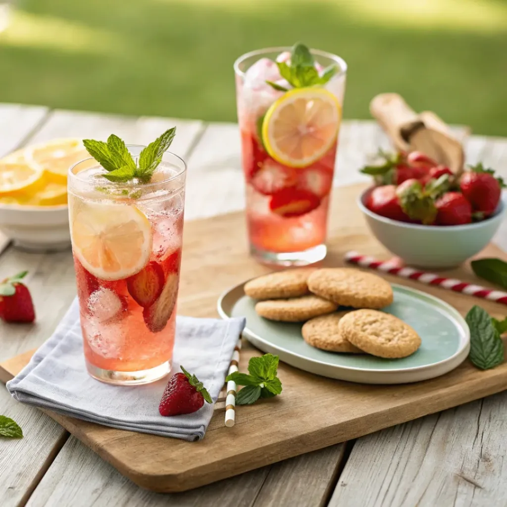 Glasses of strawberry lemonade with lemon and mint, served with cookies