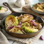 Golden fried cabbage with onions and garlic in a skillet