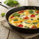 Golden frittata with vegetables and melted cheese in a skillet