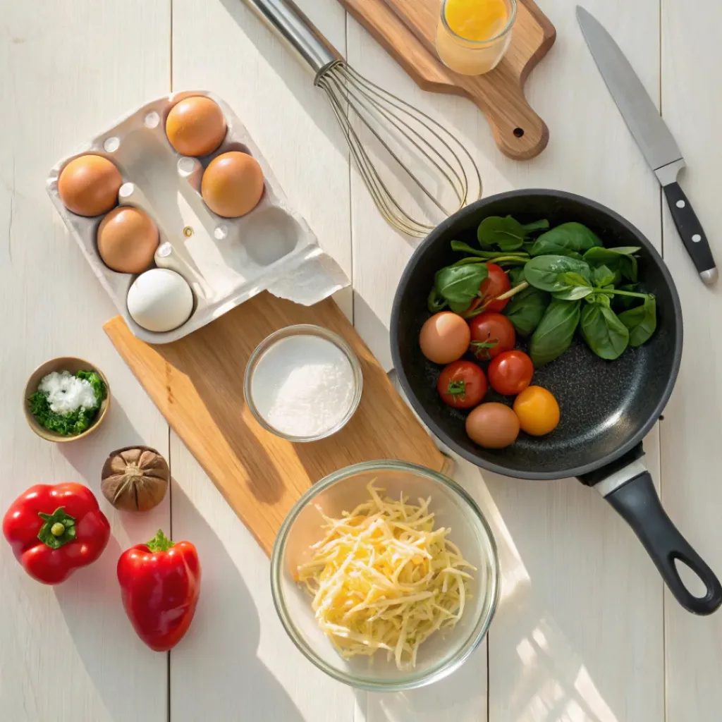 Flat lay of eggs, vegetables, cheese, and seasonings for frittata