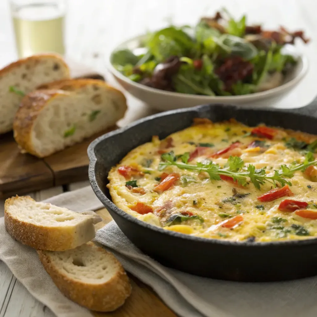 Vegetable frittata served in a skillet with fresh herbs, paired with toast