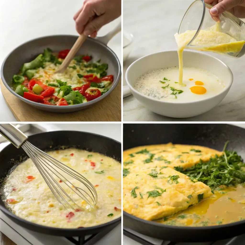 Four-panel collage showing chopping vegetables, whisking eggs, adding to skillet, and baked frittata