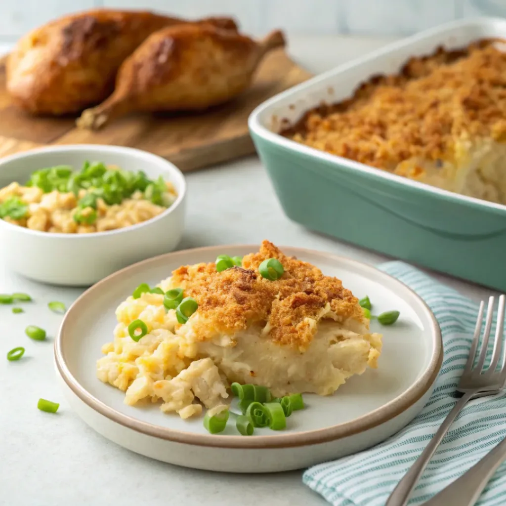 Funeral potatoes casserole served on plates with crispy topping and green onion garnish