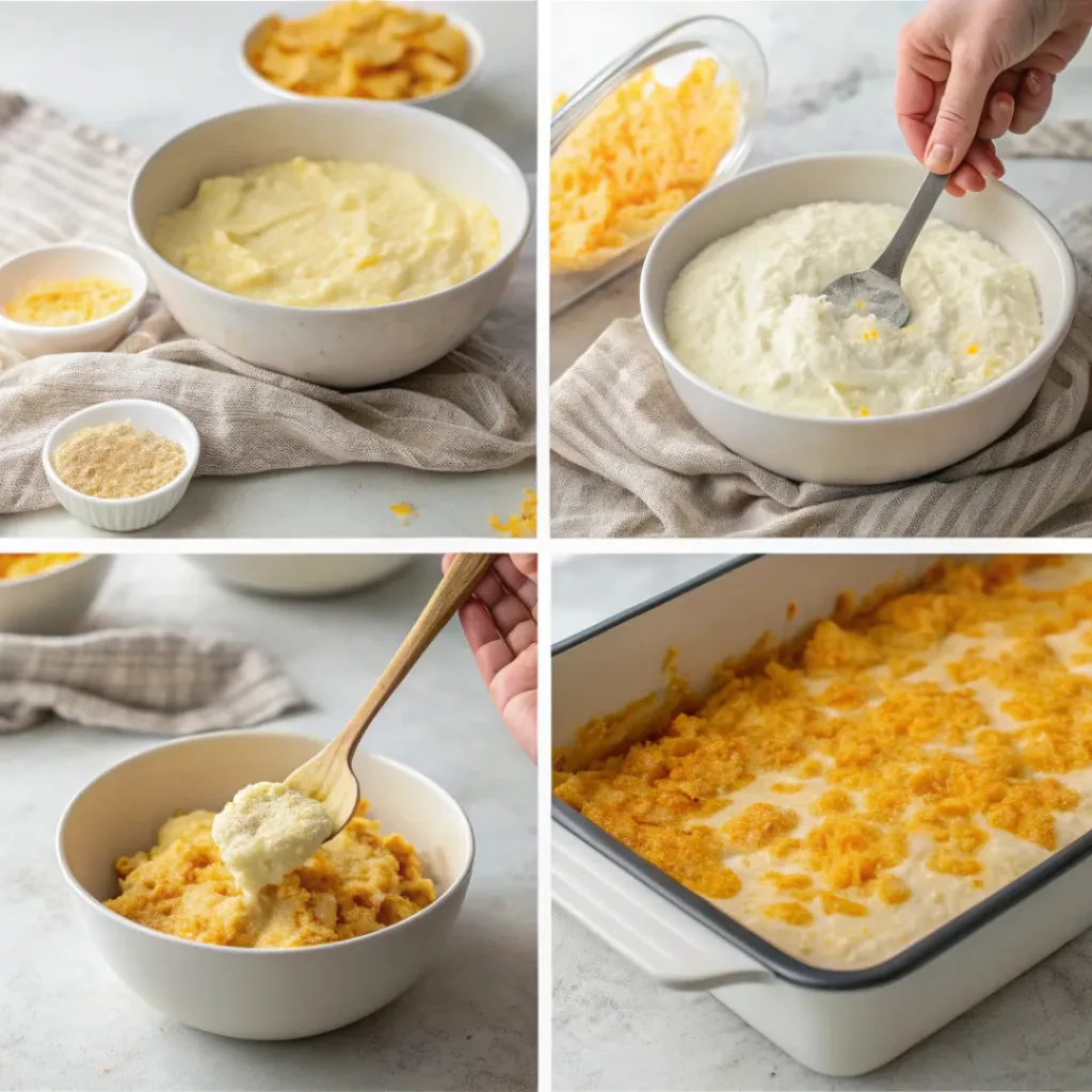 Four-panel collage showing how to prepare funeral potatoes from mixing to baking