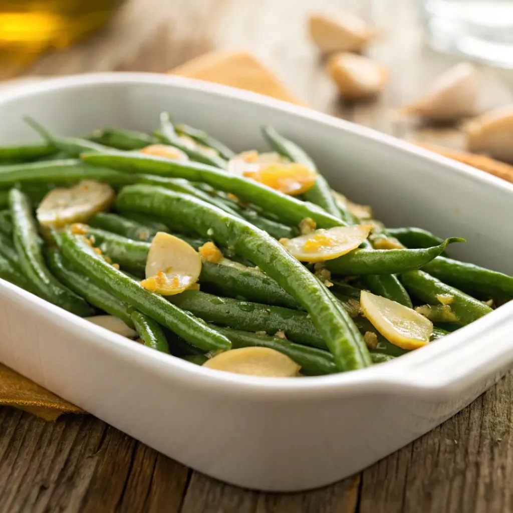 Home 6 Bright green beans sautéed with garlic and butter in a white dish