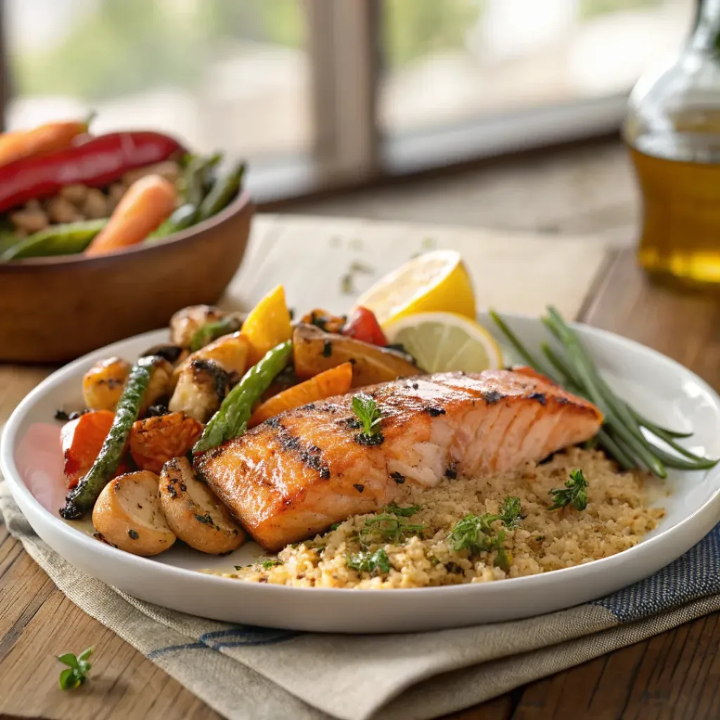 Garlic herb roasted vegetables served as a side with grilled chicken