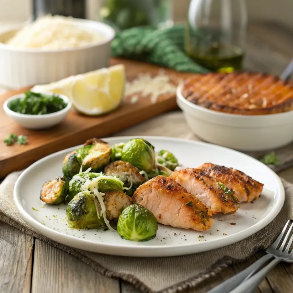 Garlic parmesan Brussels sprouts served with roasted chicken