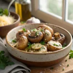 Sautéed garlic Parmesan mushrooms garnished with parsley in a rustic dish