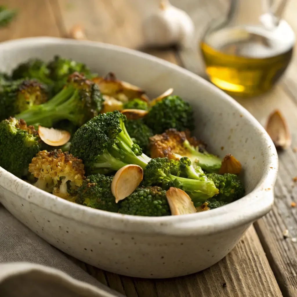 Home 7 Golden roasted broccoli florets with garlic slices in a dish