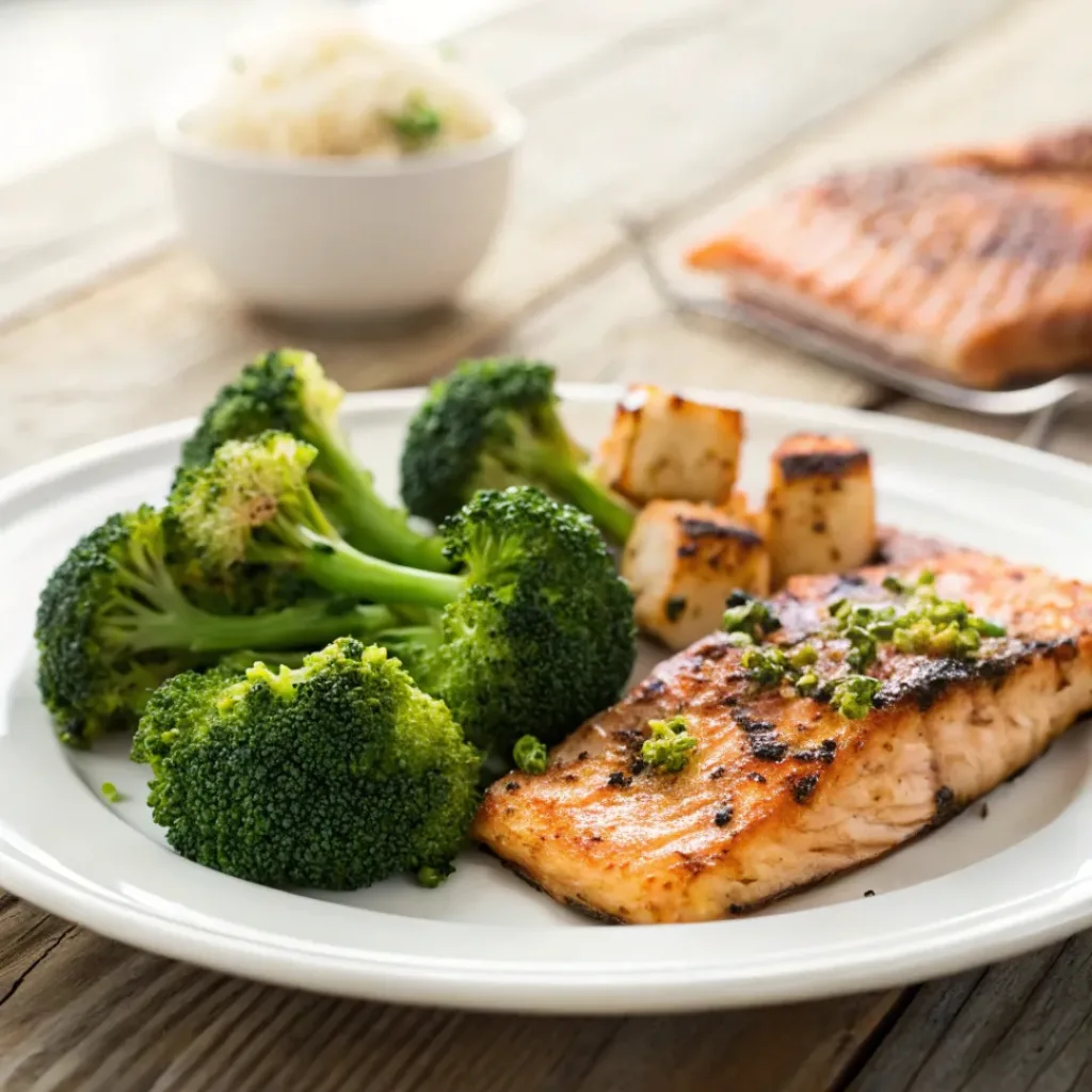 Garlic Roasted Broccoli – Crispy & Flavorful 8 Garlic roasted broccoli served as a side with grilled chicken