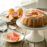 Grapefruit yogurt cake topped with fresh grapefruit slices and light glaze