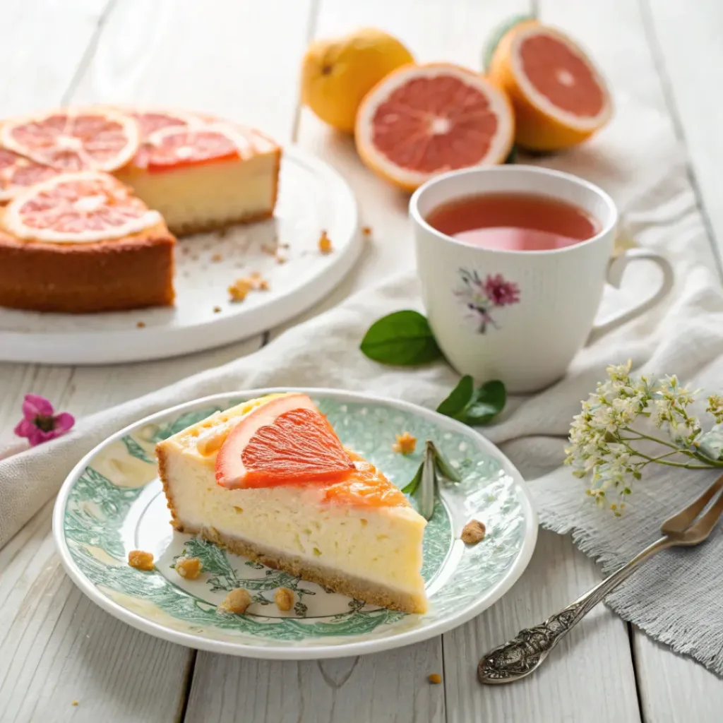 Slice of grapefruit yogurt cake with fresh grapefruit slices and a cup of tea