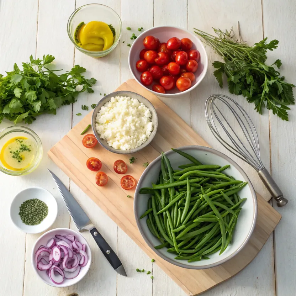Flat lay of green beans, cherry tomatoes, red onion, feta, and salad dressing ingredients