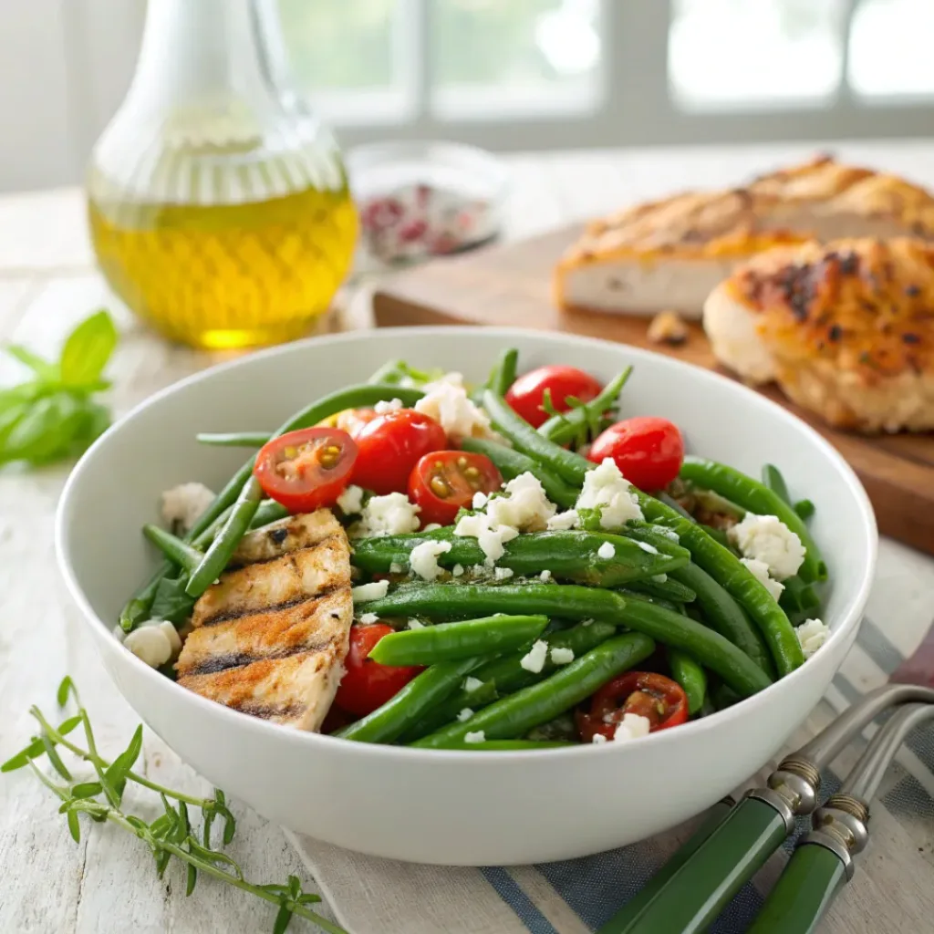 Fresh green bean salad served with cherry tomatoes, feta, and herbs, paired with grilled chicken