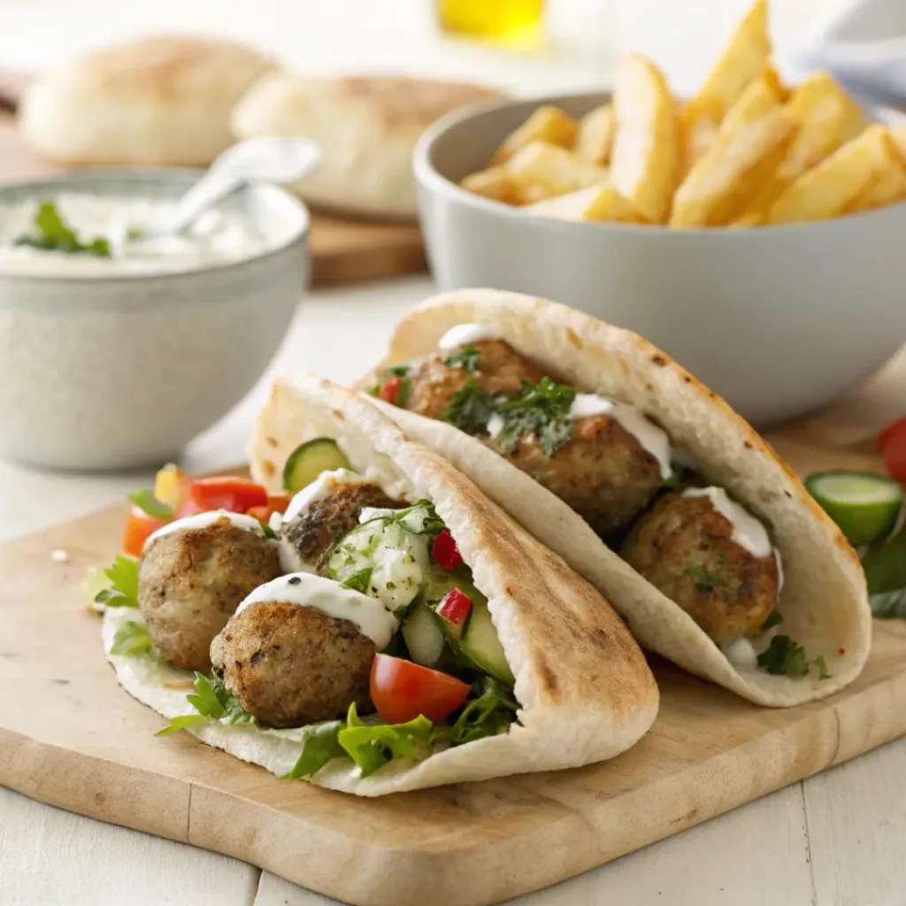 Chicken meatball pitas served with salad and fries