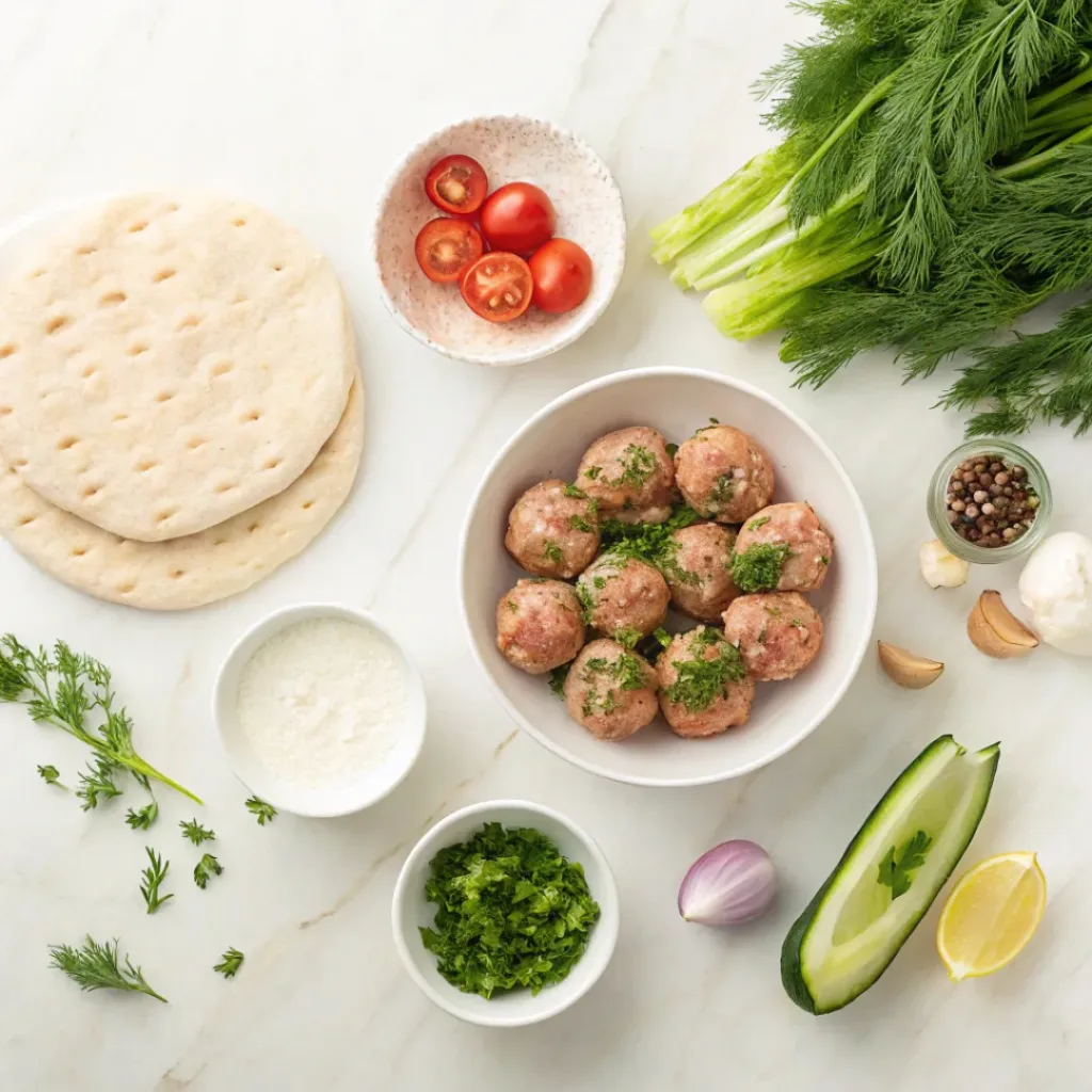 Flat lay of ground chicken, pita bread, herbs, vegetables, and yogurt sauce ingredients