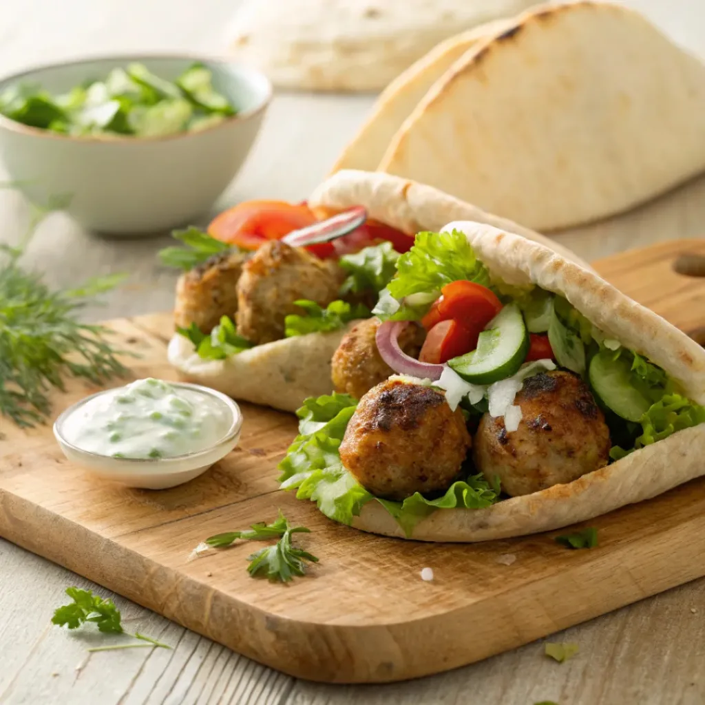 Chicken meatball pitas with herbs, vegetables, and yogurt sauce