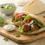 Chicken meatball pitas with herbs, vegetables, and yogurt sauce