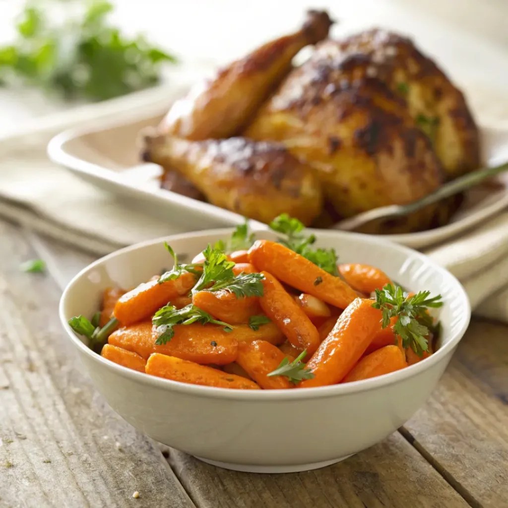 Honey glazed carrots served as a side with roasted chicken