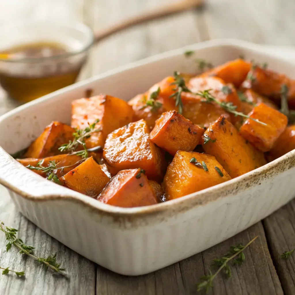 Home 8 Golden honey roasted sweet potato cubes with fresh herbs