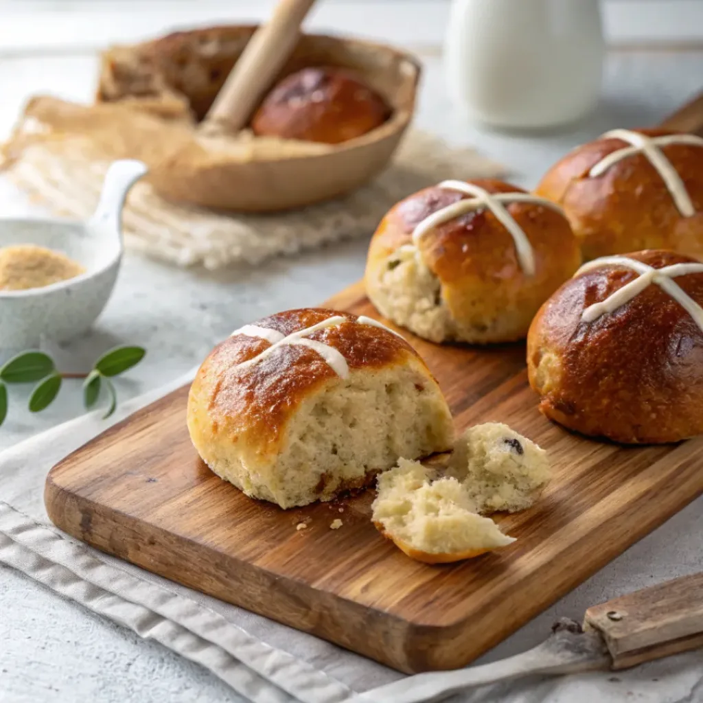 Freshly baked hot cross buns with white icing crosses on a wooden board